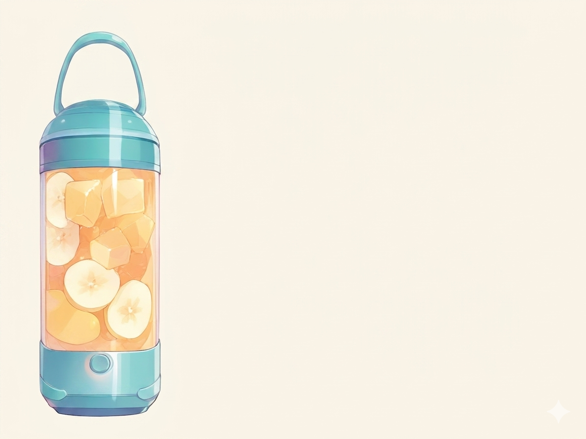Editorial illustration of a travel-style portable blender bottle