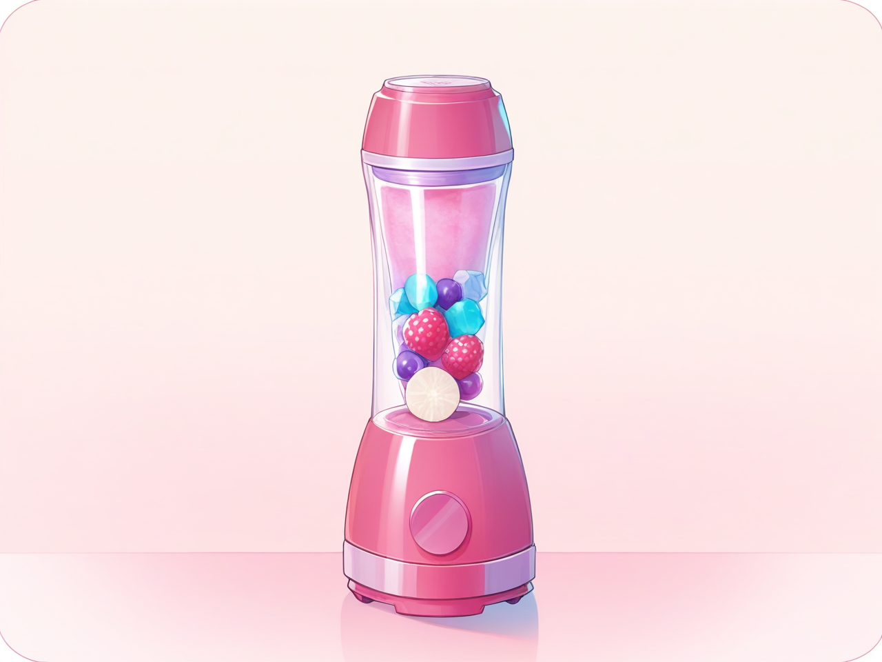 Illustration of a compact portable blender with fruit and ice for the GadgetSuki portable blender guide
